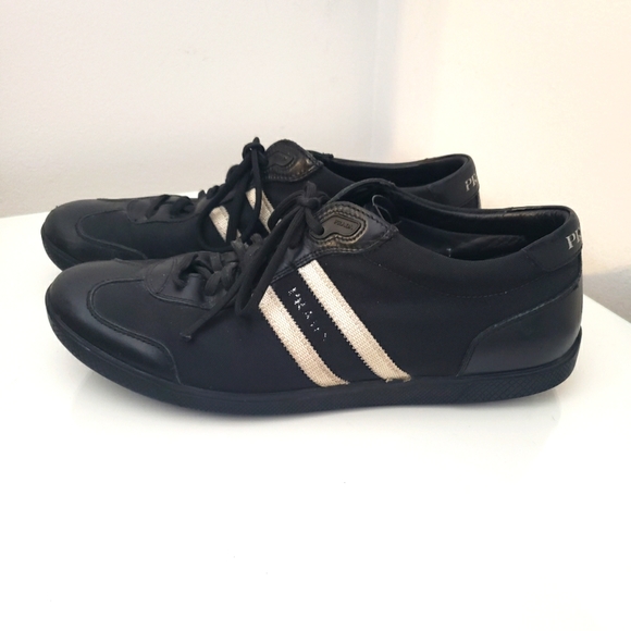 Prada Leather Canvas Nylon Black White Stripes Unisex Size 7 Size 4E - Picture 2 of 12